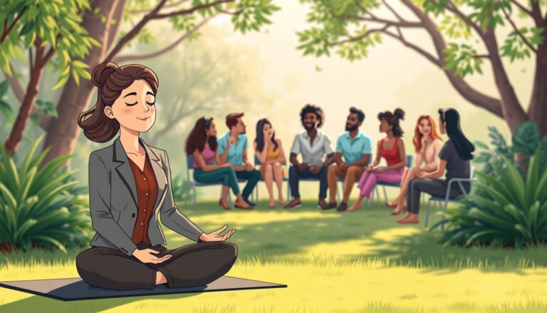 A diverse group reflecting together in a peaceful, naturally lit setting.